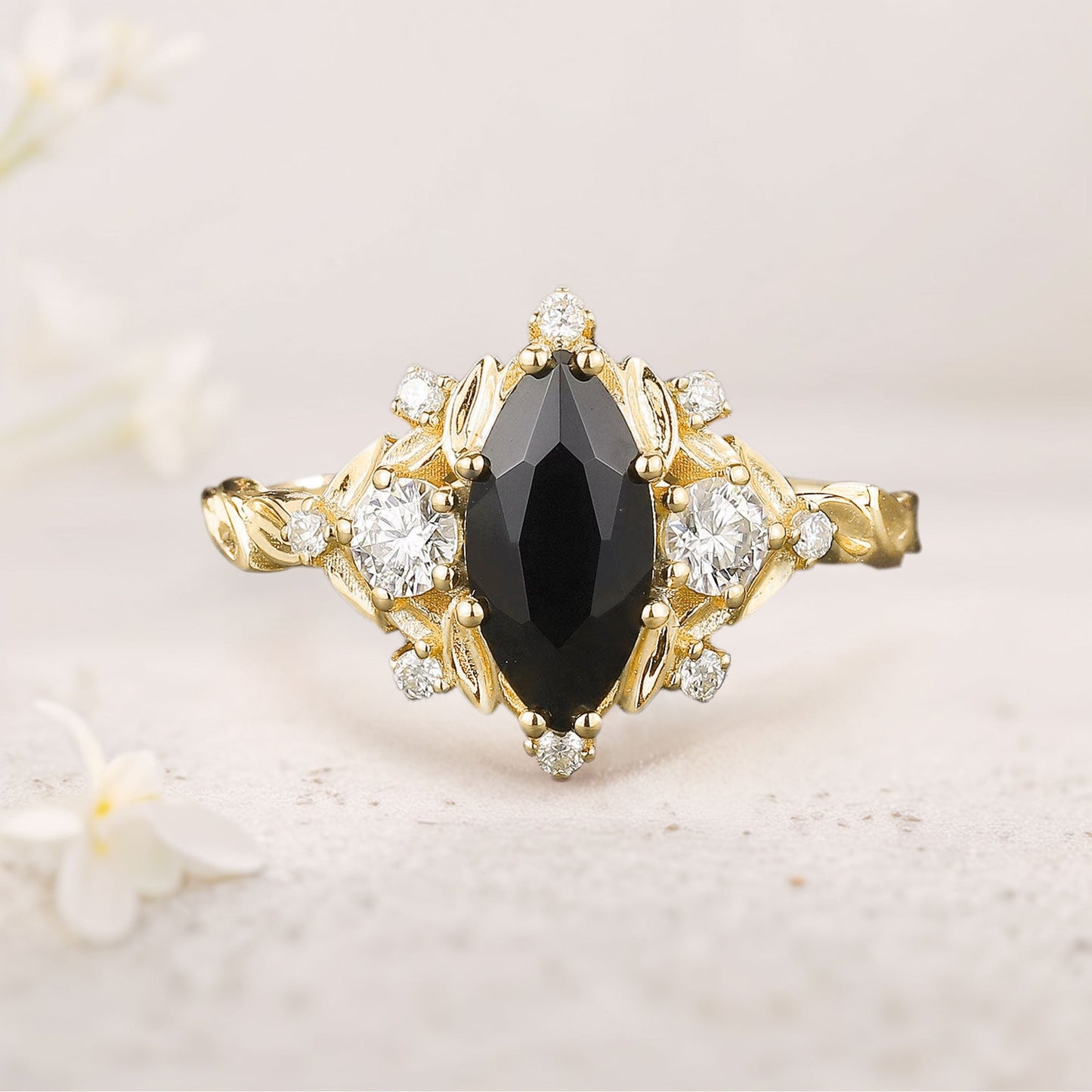 Unique floral engagement rings Marquise Black Onyx Ring Brilliant Moissanite Cluster Leaf Wedding Ring
