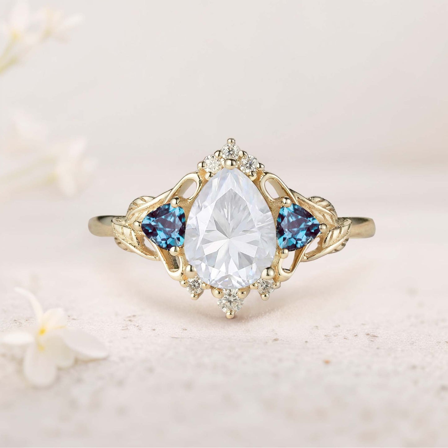 Unique Pear Moissanite and Lab Alexandrite Leaf Ring Engagement Ring