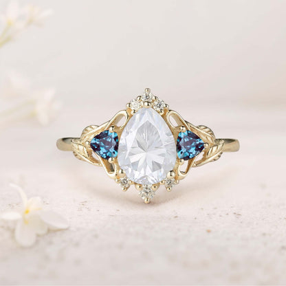 Unique Pear Moissanite and Lab Alexandrite Leaf Ring Engagement Ring