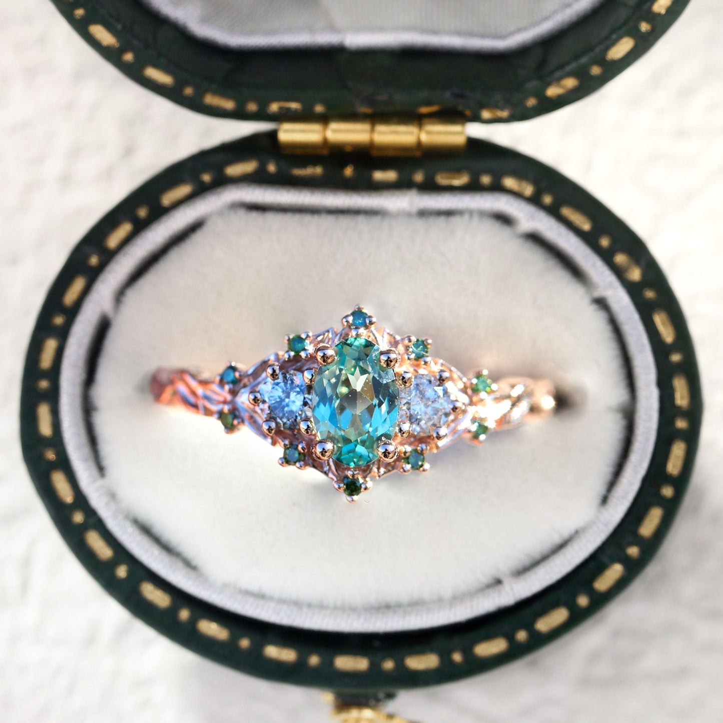 Unique floral engagement rings Rose Three-Stone Oval Green Lab Sapphire Ring