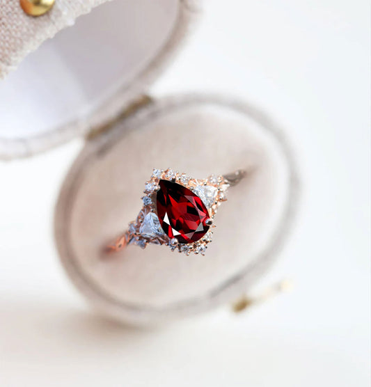 Unique Briar Half Halo Pear Garnet Ring
