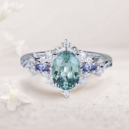 Vintage Briar Rose Oval Green Lab Sapphire and Blue Sapphire Engagement Ring Vine Ring