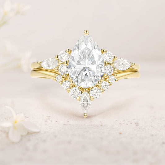 Unique floral engagement rings Pear Moissanite Bridal Ring Cluster Engagement Ring Set