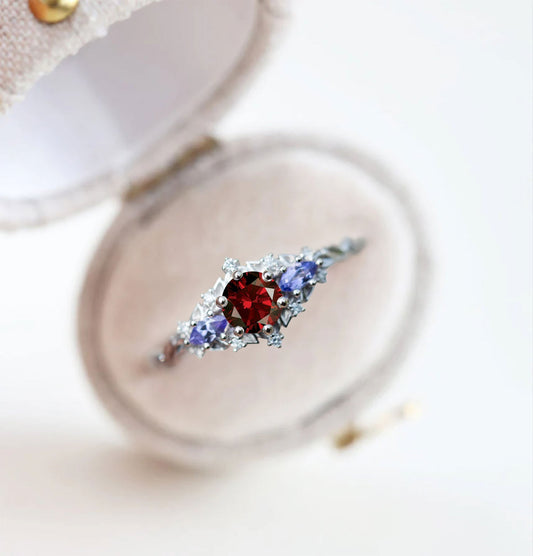 Unique Briar Rose Three-Stone Round Garnet Anniversary Ring