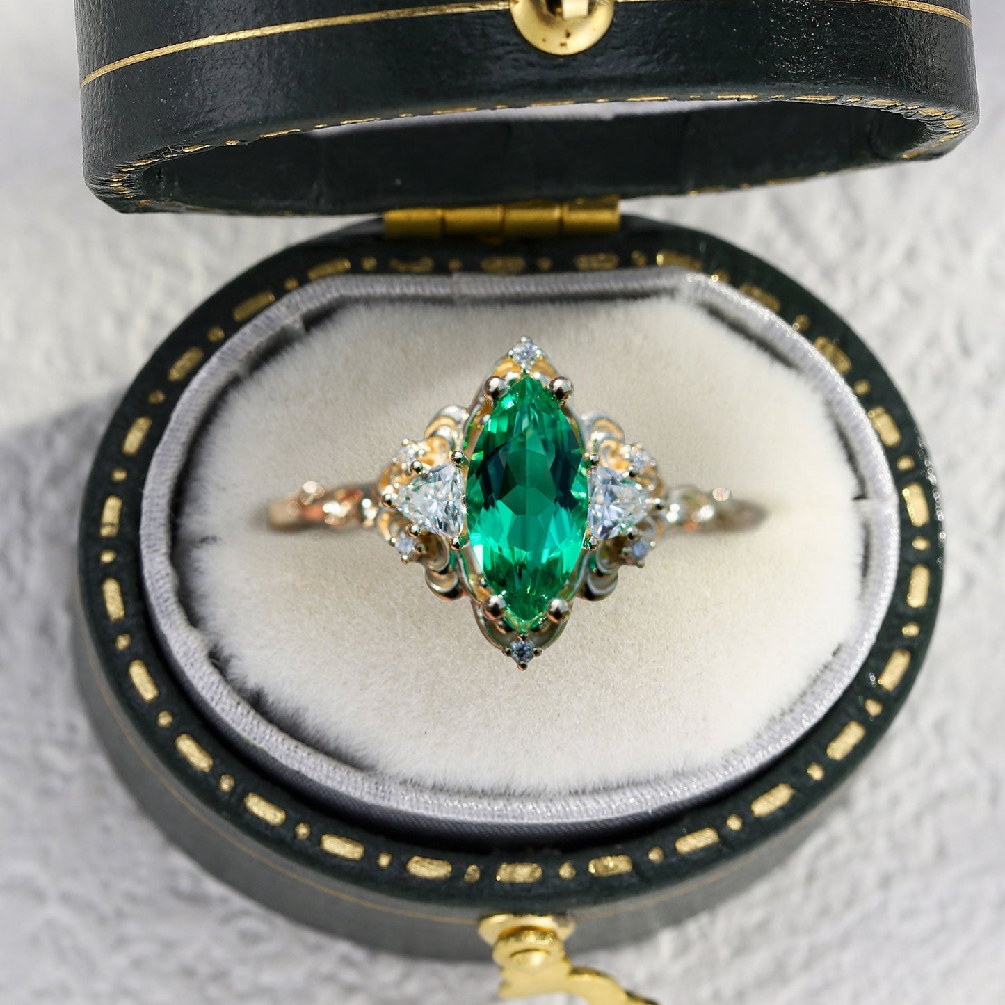 Unique Aurora Three Stone Marquise Lab Emerald Ring