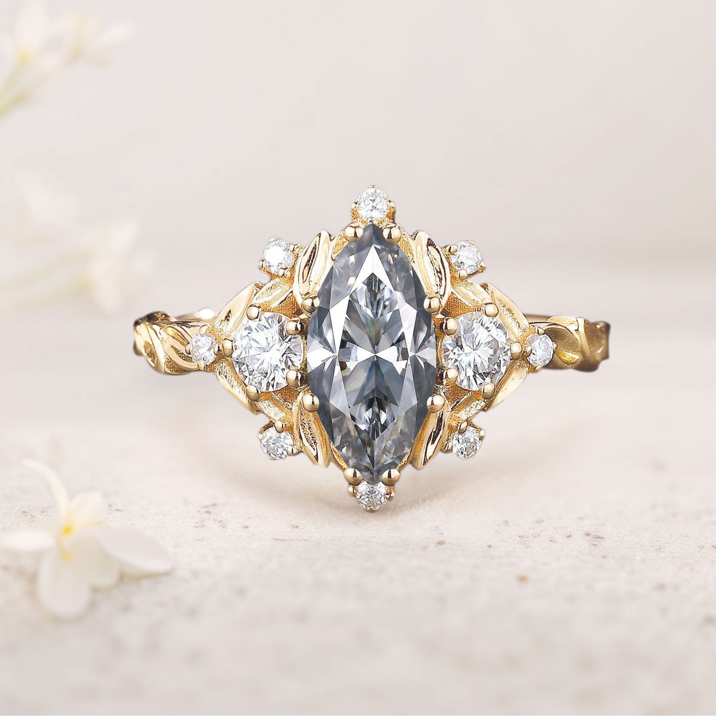 Unique floral engagement rings Marquise Gray Moissanite Ring Brilliant Moissanite Cluster Leaf Wedding Ring