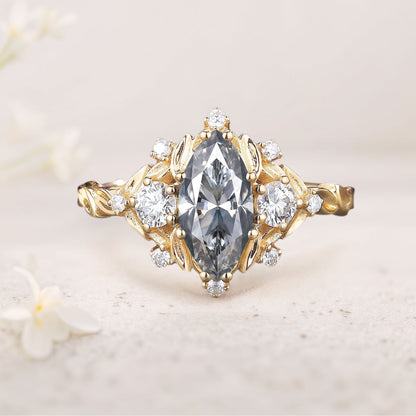 Unique floral engagement rings Marquise Gray Moissanite Ring Brilliant Moissanite Cluster Leaf Wedding Ring