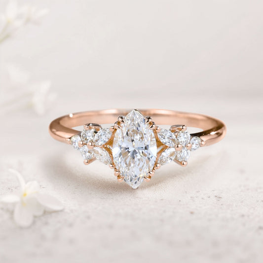 Unique Marquise Moissanite Rings Petal Side Stones Engagement Ring