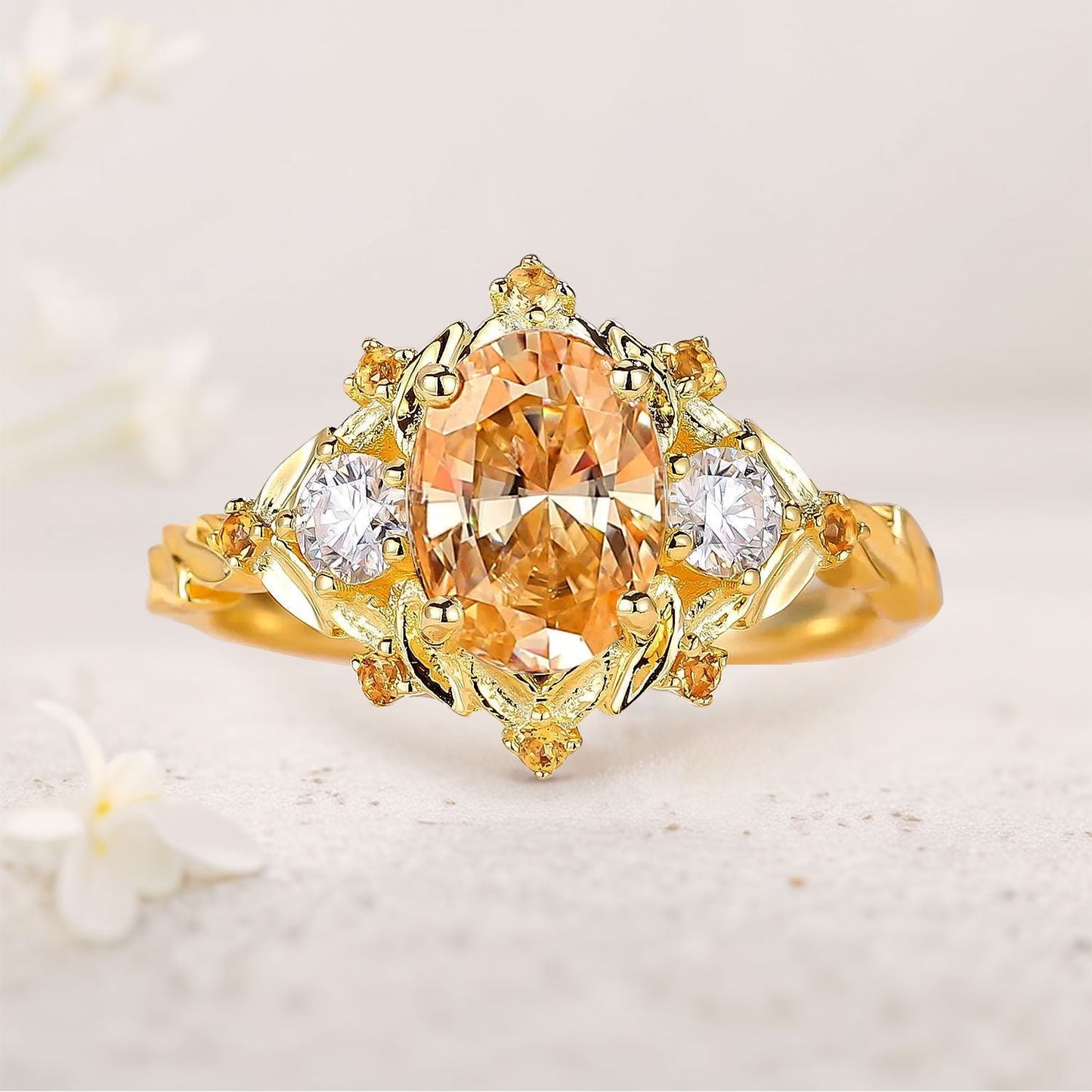Unique Three Stone Citrine Leaf Bridal Ring Wedding Ring