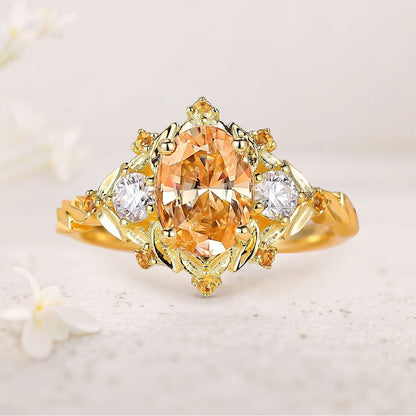 Unique Three Stone Citrine Leaf Bridal Ring Wedding Ring
