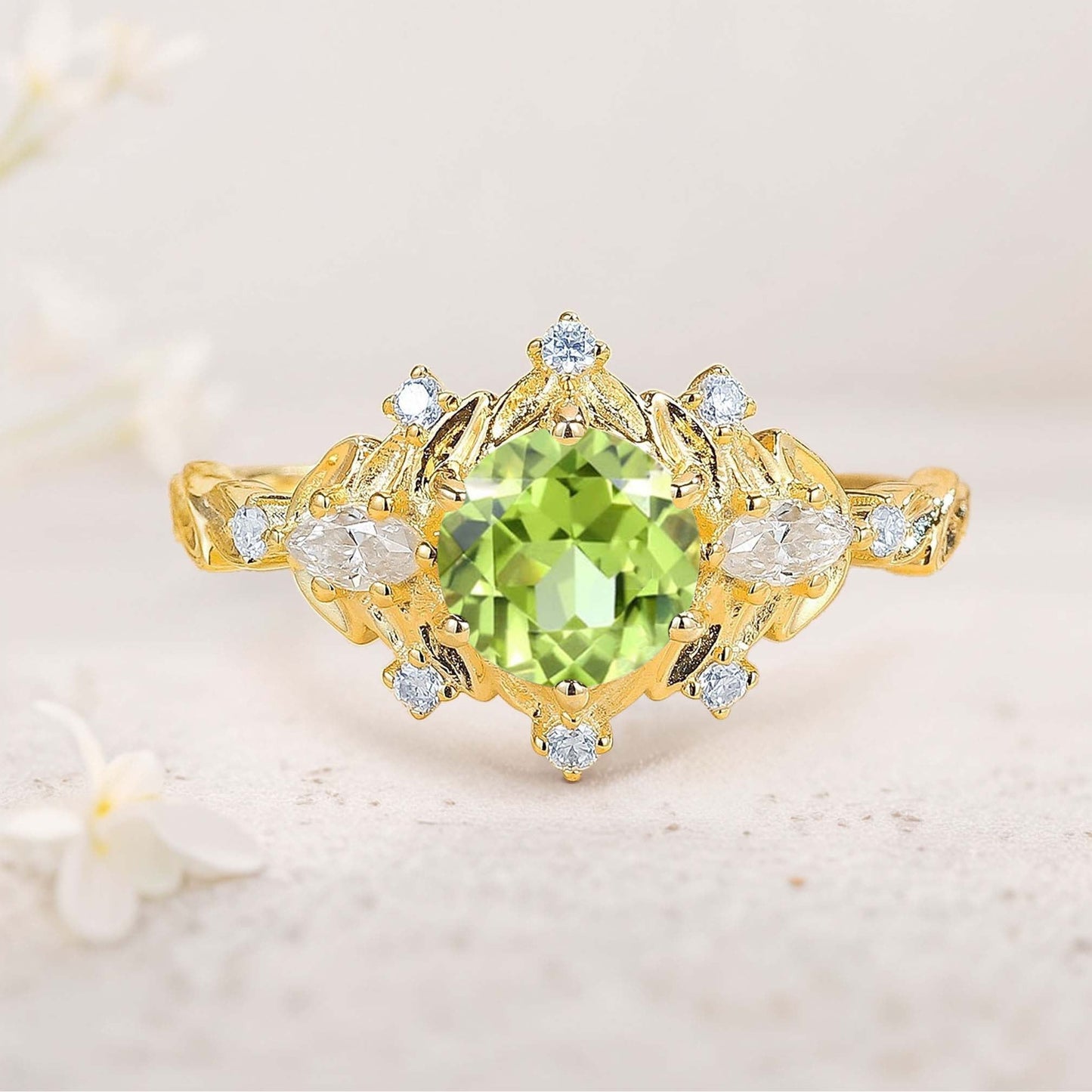 Unique floral engagement rings Round Citrine Flower Engagement Ring Art Deco Leaf Wedding Ring