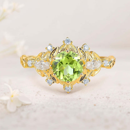 Unique floral engagement rings Round Citrine Flower Engagement Ring Art Deco Leaf Wedding Ring