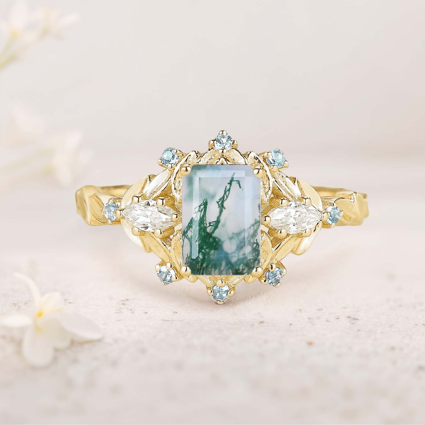 Unique floral engagement rings Emerald Cut Moss Agate Flower Engagement Ring Leaf Wedding Ring