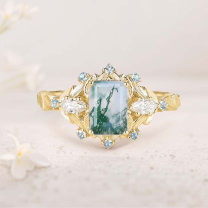 Unique floral engagement rings Emerald Cut Moss Agate Flower Engagement Ring Leaf Wedding Ring