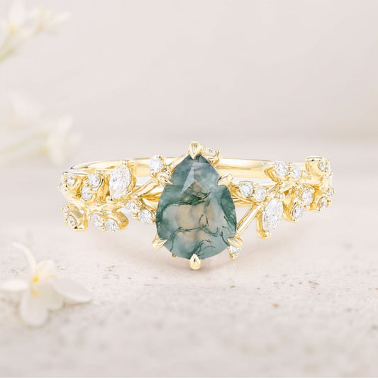 Unique floral engagement ringsPear Moss Agate Leaf Engagement Ring Mystical Garden Bridal Ring Promise Ring