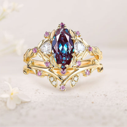 Unique Flower Engagement Ring Marquise Lab Alexandrite Vintage Pink Sapphire Leaf Wedding Ring Bridal Ring Set