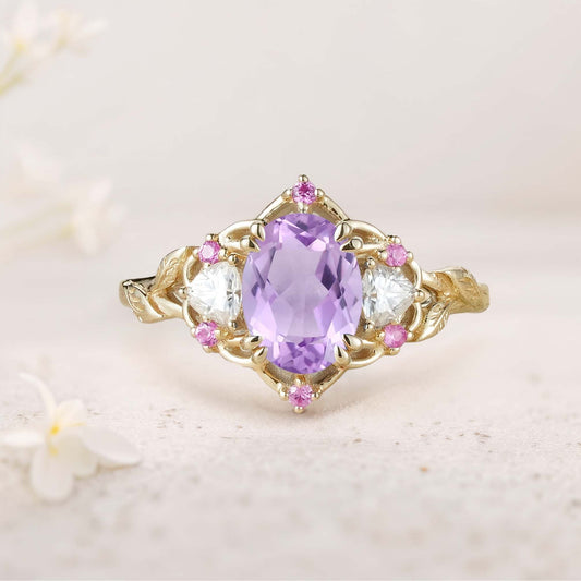 Unique Three Stone Oval Amethyst and Moissanite Engagement Ring