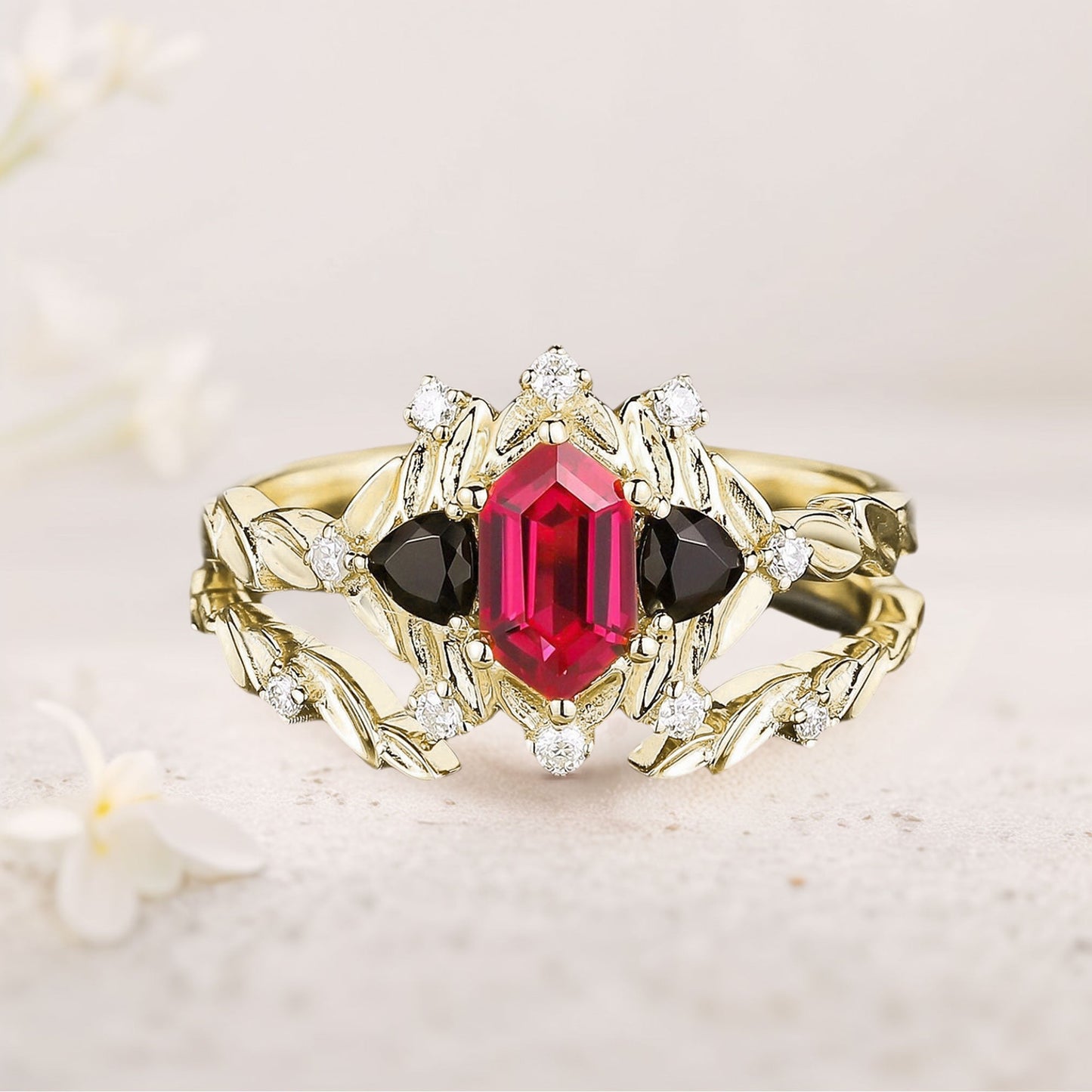 Unique floral engagement rings Long Hexagon Ruby Leaf Engagement Ring Wedding Ring Set