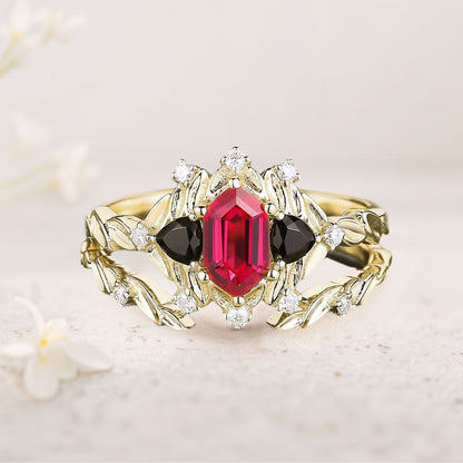 Unique floral engagement rings Long Hexagon Ruby Leaf Engagement Ring Wedding Ring Set
