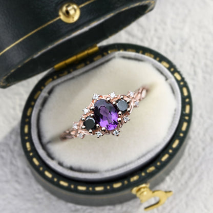 Unique Briar Rose Three Stone Oval Amethyst and Black Moissanite Ring