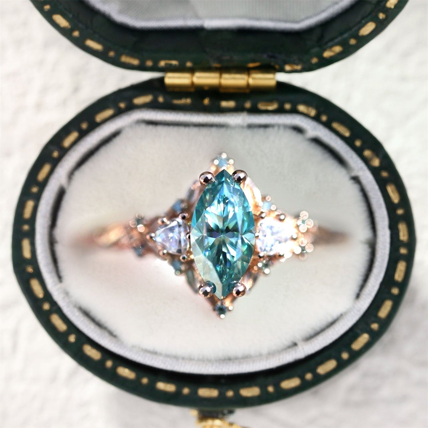 Unique floral engagement rings Marquise Teal Moissanite Ring Wedding Ring