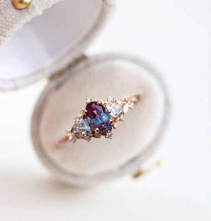 Unique Floral Rose Oval Lab Alexandrite and Moissanite Ring