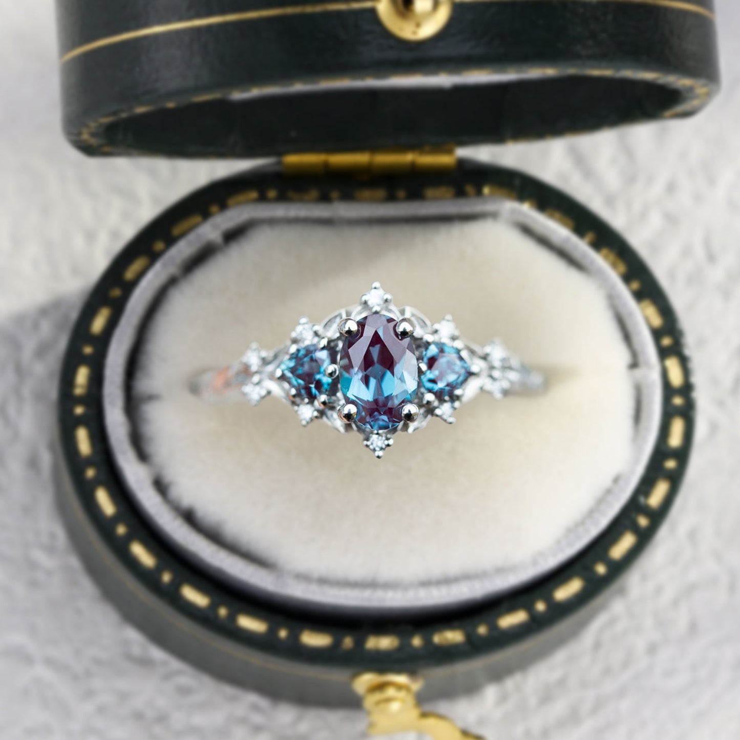 Unique Briar Rose Three Stone Oval Lab Alexandrite Ring