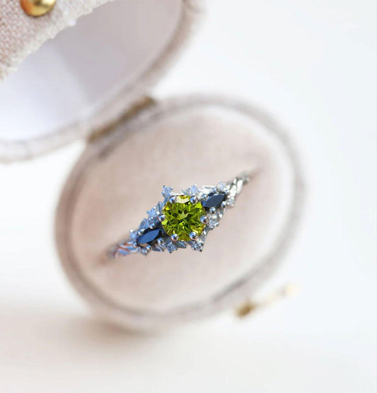 Unique Briar Rose Round Lab Peridot and Black Moissanite Ring