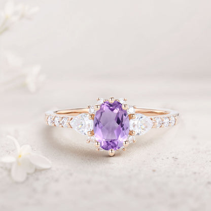 Unique Oval Amethyst Engagement Ring Bridal Ring