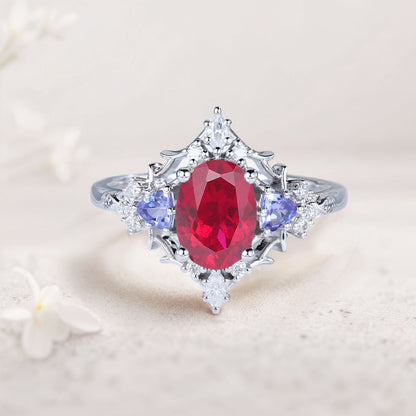 Vintage Briar Rose Oval Lab Ruby Engagement Ring Filigree Ring