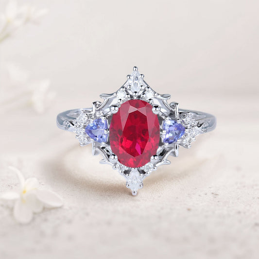 Vintage Briar Rose Oval Lab Ruby Engagement Ring Filigree Ring