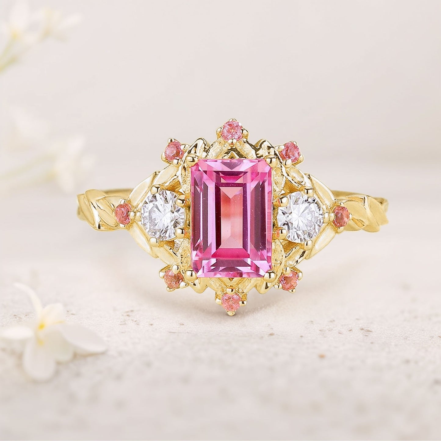 Unique floral engagement rings Emerald Cut Lab Padparadscha Engagement Ring Leaf Design Padparadscha Cluster Wedding Ring