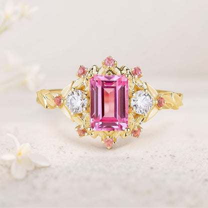 Unique floral engagement rings Emerald Cut Lab Padparadscha Engagement Ring Leaf Design Padparadscha Cluster Wedding Ring