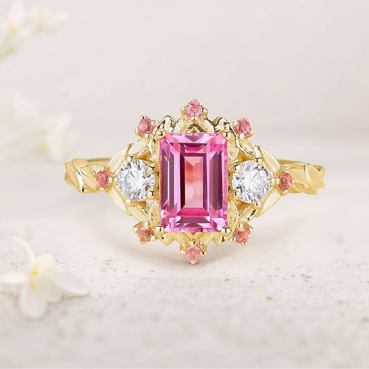 Unique floral engagement rings Emerald Cut Lab Padparadscha Engagement Ring Leaf Design Padparadscha Cluster Wedding Ring