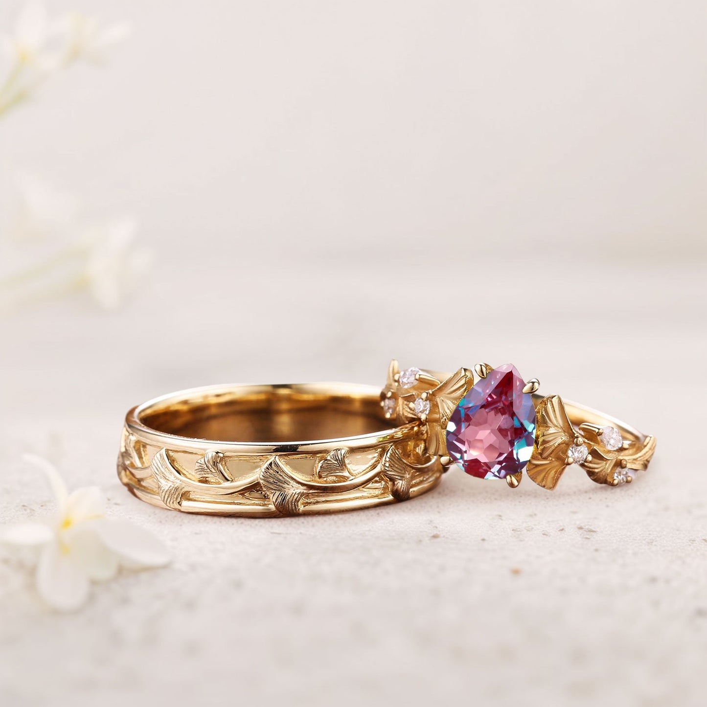 Vintage Pear Lab Alexandrite Engagement Couples Ring Set For Wedding Gift