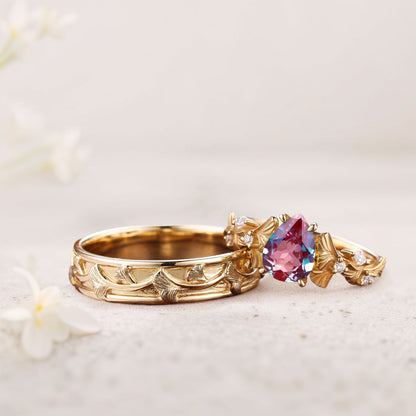 Vintage Pear Lab Alexandrite Engagement Couples Ring Set For Wedding Gift