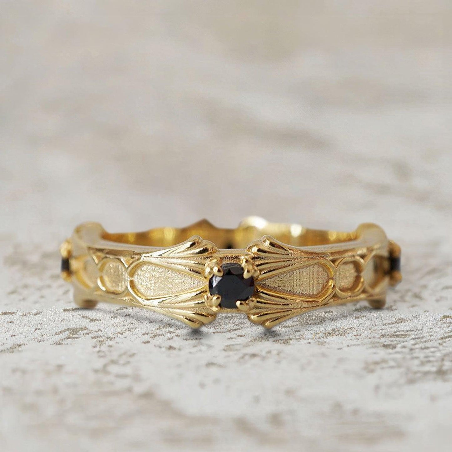 Unique Gothic Round Lab Black Onyx Ring Band For Men