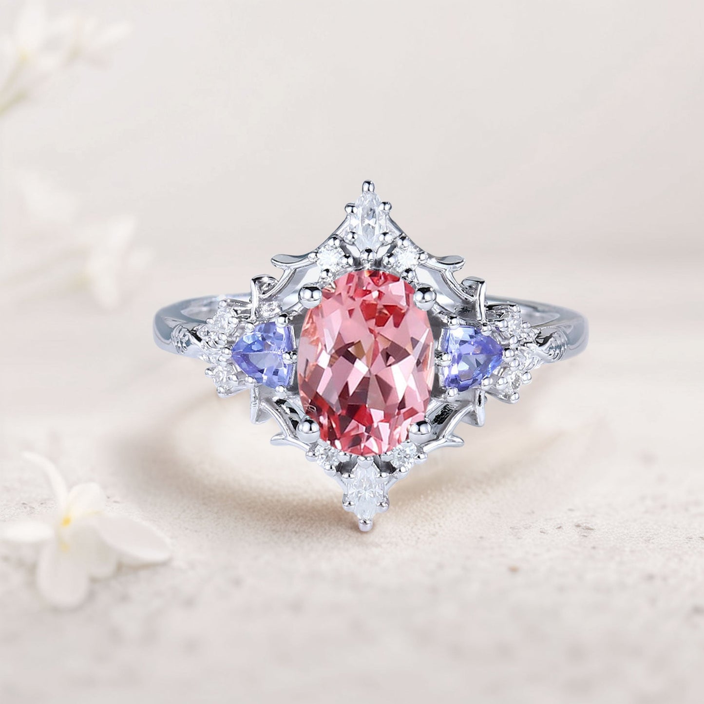 Vintage Briar Rose Oval Pink Lab Padparadscha Engagement Ring Filigree Ring