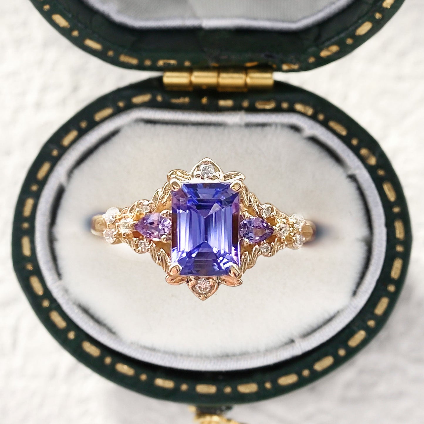 Vintage Emerald Cut Lab Tanzanite Engagement Ring Flower Wedding Ring