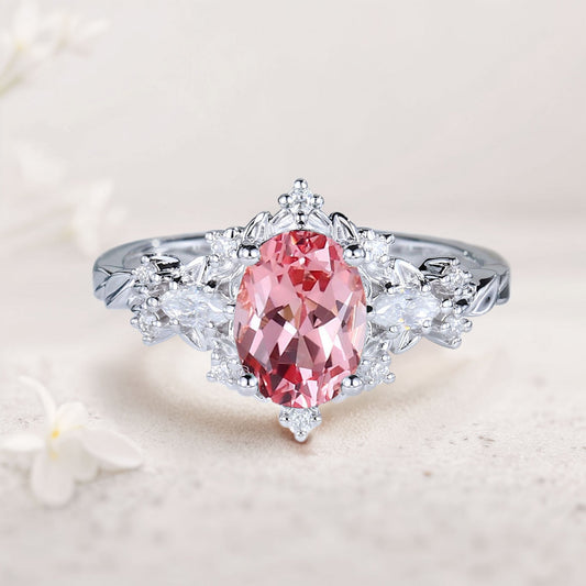 Vintage Briar Rose Oval Pink Lab Padparadscha  Engagement Ring  Vine Ring