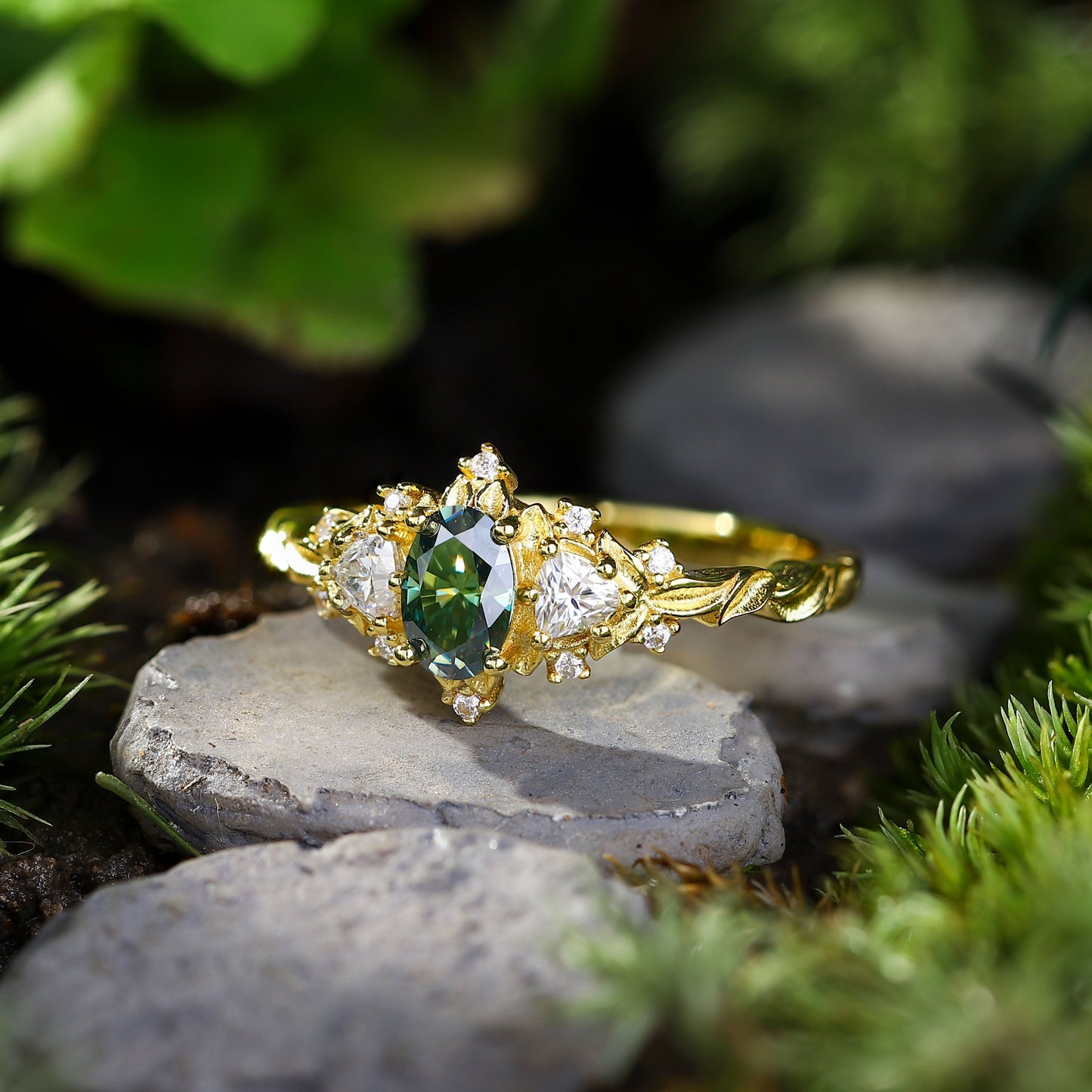 Unique Briar Rose Three Stone Oval Teal Moissanite Ring