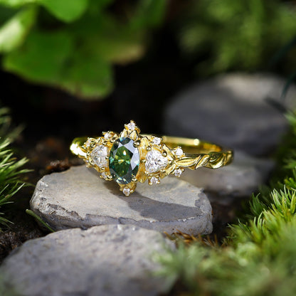 Unique Briar Rose Three Stone Oval Teal Moissanite Ring
