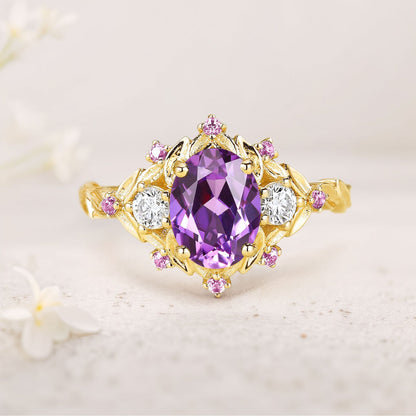 Unique Floral Three Stone Oval Amethyst Flower Engagement Ring Amethyst Cluster Bridal Ring