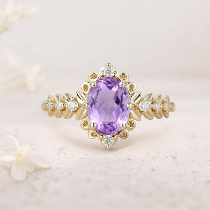 Unique floral engagement rings Elegant Royal Oval Amethyst Filigree Leaf Engagement Ring