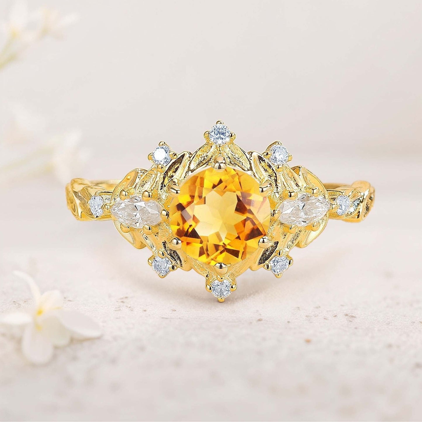 Unique floral engagement rings Round Citrine Flower Engagement Ring Art Deco Leaf Wedding Ring