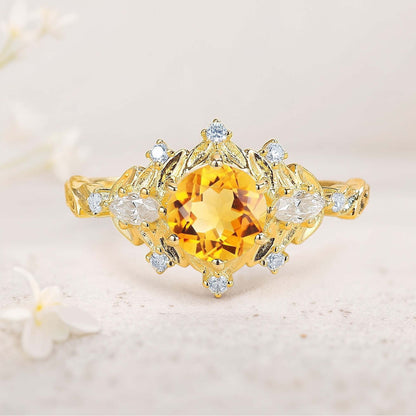 Unique floral engagement rings Round Citrine Flower Engagement Ring Art Deco Leaf Wedding Ring