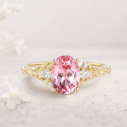 Unique Oval Pink Lab Padparadscha and Moissanite Wedding Ring