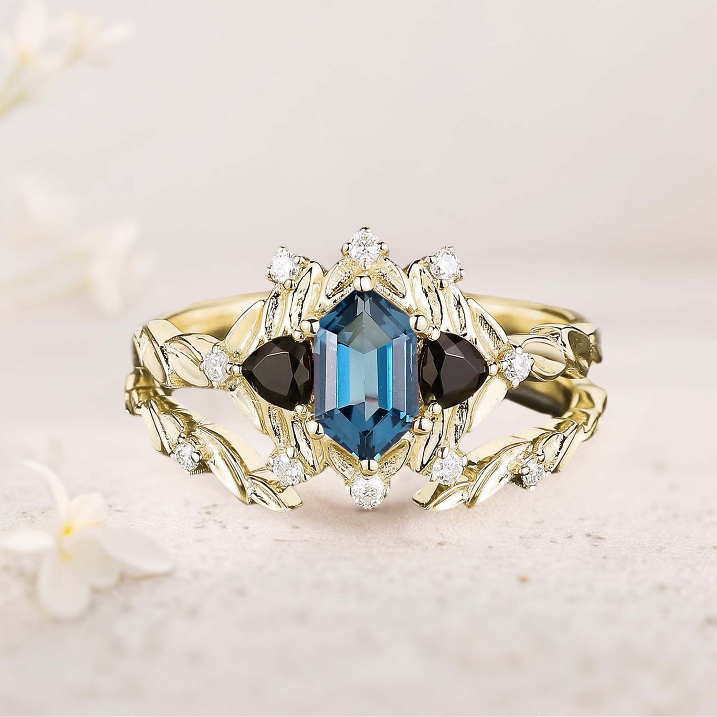 Unique floral engagement rings Long Hexagon Topaz Leaf Engagement Ring Wedding Ring Set