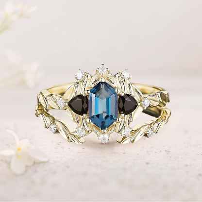 Unique floral engagement rings Long Hexagon Topaz Leaf Engagement Ring Wedding Ring Set
