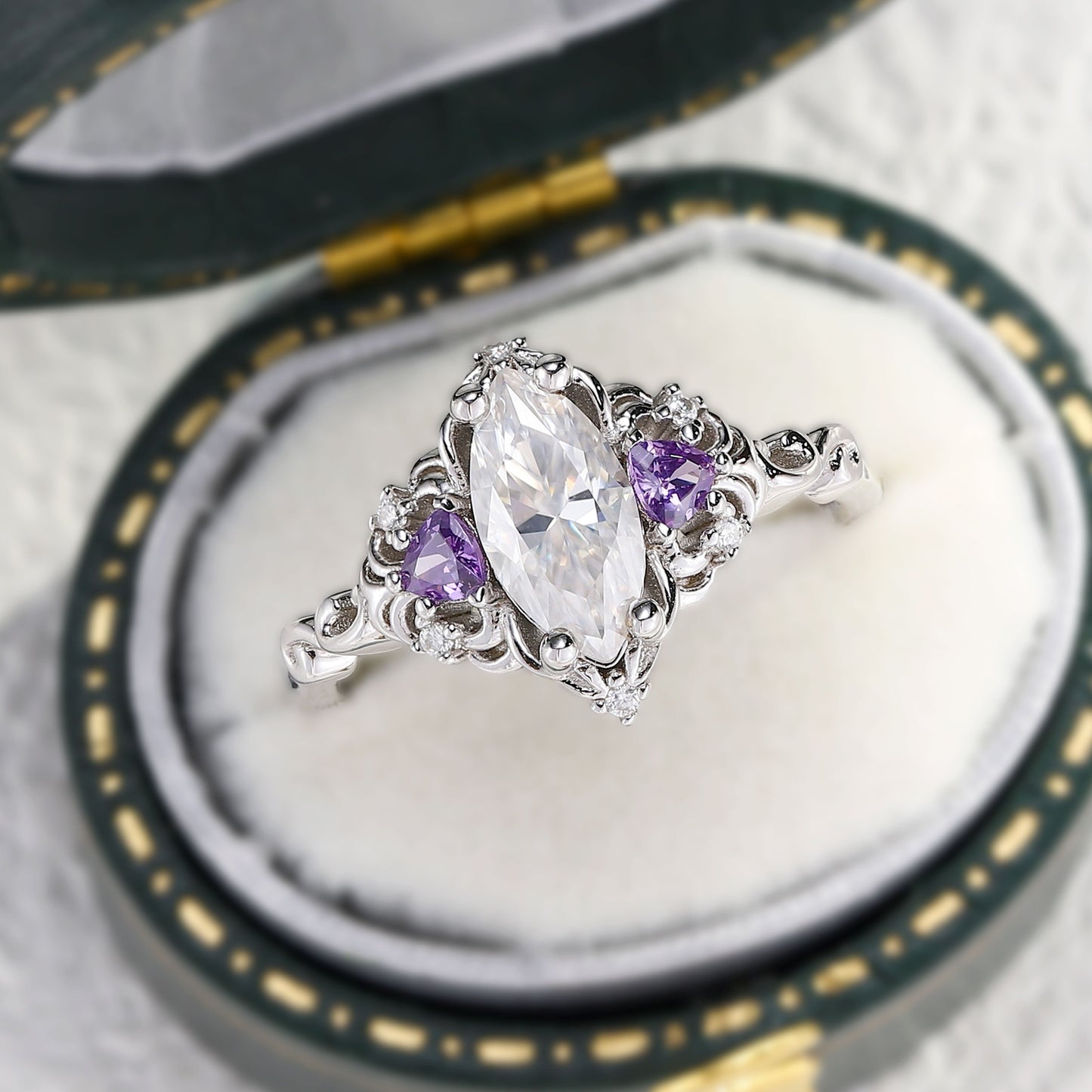 Unique Aurora Three Stone Marquise Moissanite and Tanzanite Ring